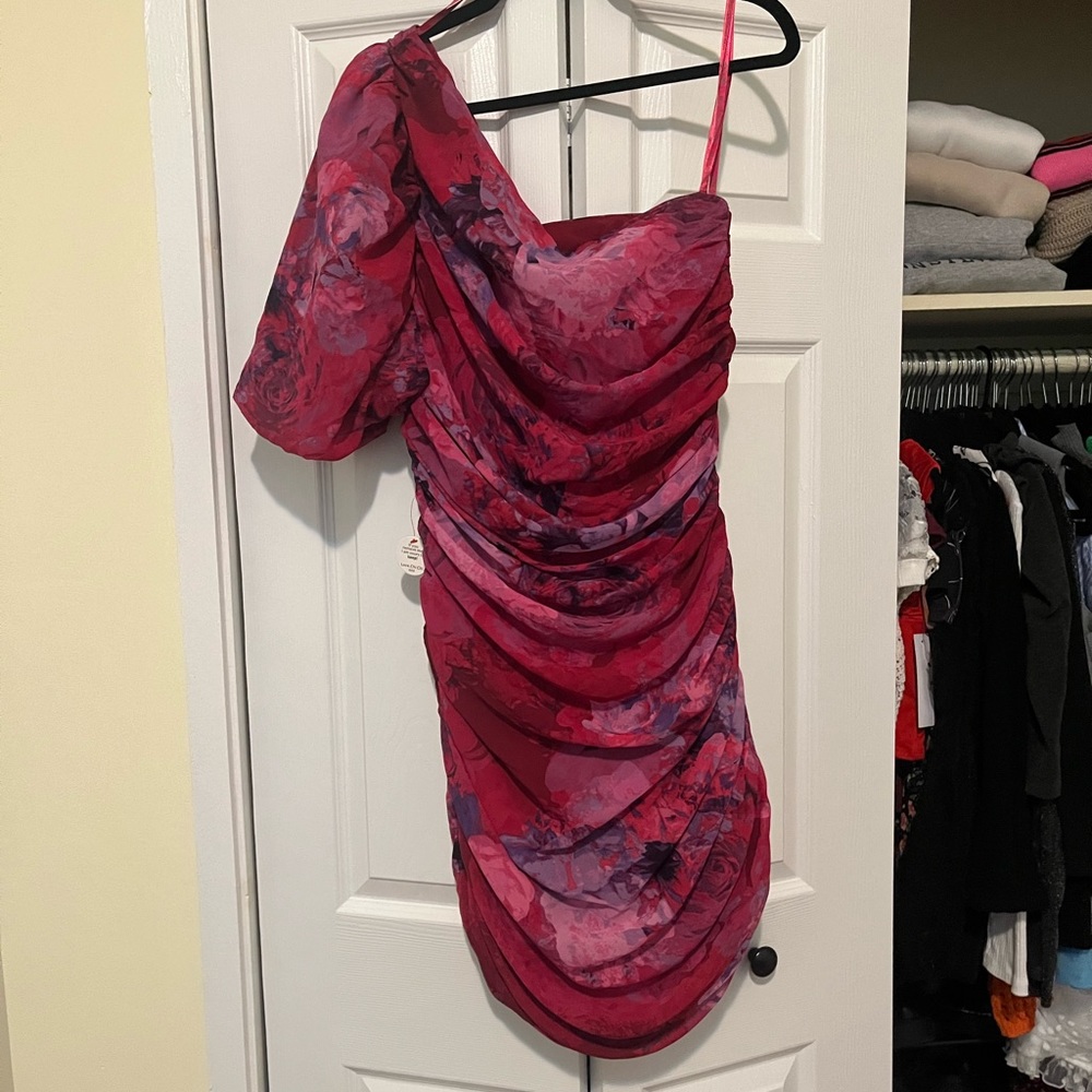 Watercolor one shoulder puff sleeve mini dress